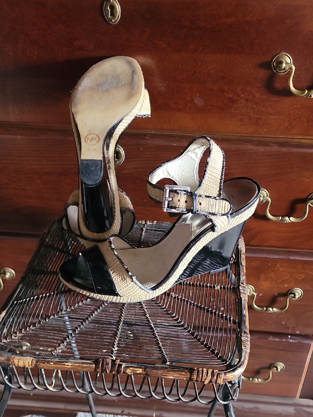 Michael Kors Black Patent and Tan Woven Wedge Sandals